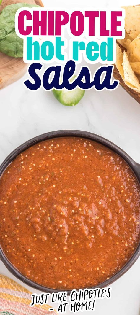 Chipotle Hot Salsa - Sweet CS Designs. Chipotle Copycat Salsa Recipes, Chipotle Salsa Copycat, Chipotle Copycat Salsa, Chipotle Hot Salsa Copycat, Chipotle Red Salsa Copycat, Copycat Chipotle Salsa, Chipotle Red Sauce, Sweet And Spicy Salsa Recipe, Chipotle Hot Sauce Recipe