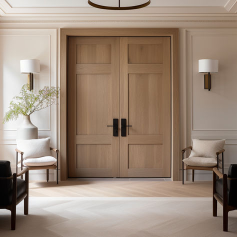 Our Michael Double Interior Door. Solid white oak. Built to order by our craftsmen. Fully customizable. White Oak Entry Doors, Modern Wood Baseboards, French Door Wood, White Oak Doors With White Trim, Mountain Modern Interior Doors, 8 Foot Interior Doors, White Oak Barn Door, Indoor Doors Modern Wood, 2024 Interior Door Trends