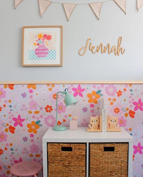 Big Girls Bedroom with Wallpaper - Plus More Wallpaper Ideas You Will Love! - Half Wall Wallpaper Bedroom, Girls Bedroom With Wallpaper, Easy Feature Wall, Bright Kids Bedroom, Twin Room Ideas, Colourful Kids Bedroom, Bedroom With Wallpaper, Wallpaper Feature Wall, Kids Bedroom Makeover