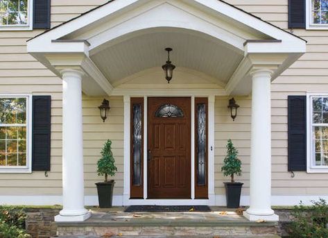 Decorative Glass with Sidelites Front Door Canopy Ideas, Door Canopy Ideas, Canopy Front Door, Portico Design, Front Door Canopy, Fiberglass Entry Doors, Porch Remodel, Building A Porch, Front Porch Design