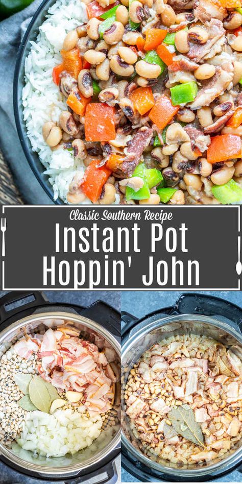 This easy Instant Pot Hoppin' John is a black-eyed pea recipe southern-style. Hoppin' John is a traditional New Year's Day recipe that brings you good luck in the new year. Black-eyed peas, bacon, peppers, and spices cooked in a pressure cooker, Hoppin' John is the perfect comfort food to start the new year. AD #newyear #instantpot #pressurecooker #easyrecipes #bacon #homemadeinterest Peas Bacon, Hoppin John Recipe, New Years Day Meal, Black Eyed Peas Recipe, Hoppin John, Classic Southern Recipes, Black Eyed Pea, Pea Recipes, Instant Pot Dinner Recipes