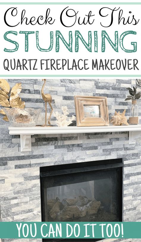 Redoing A Fireplace, Fireplace Design Ideas Stone, Fireplace Insert Makeover, Fireplace Refacing, Gas Fireplace Makeover, Quartz Fireplace, Stone Tile Fireplace, Reface Fireplace, Stone Fireplace Makeover