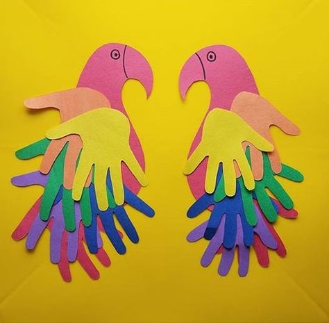 Handprint painting | Handprint art ideas for homeschool Parrot Handprint Bird Craft, Handprint Parrot, Handprint Art Ideas, Hand Art Projects, Rainforest Crafts, Parakeet Art, Handprint Painting, Gymnastics Camp, Parrot Craft