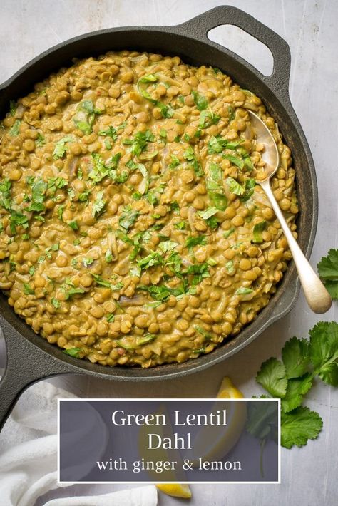 This creamy and delicious green lentil dahl is packed with flavour and nutritious too. It freezes really well, so is ideal for batch cooking. Green Lentil Dahl, Green Lentil Recipes, Lentil Recipes Indian, Vegan Freezer Meals, Vegan Winter Recipes, Dahl Recipe, Everyday Dinners, Green Lentil, Cheap Vegan Meals