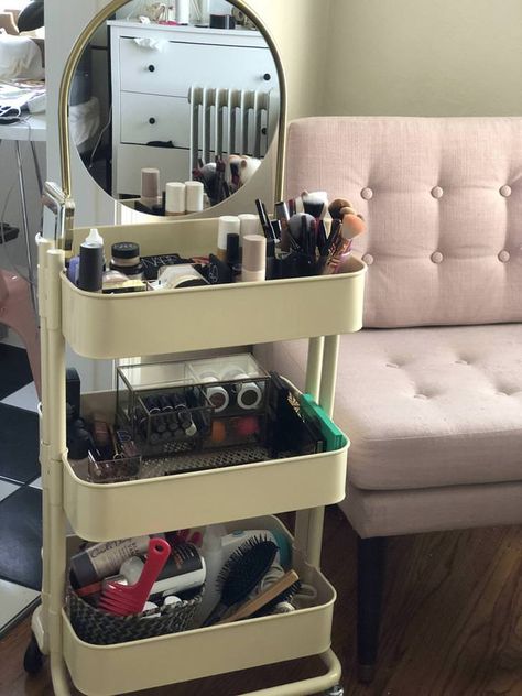 Small Apartment Vanity, Apartment Vanity, Dorm Vanity, Small Space Makeup Vanity, Small Makeup Vanity, Vanity Cart, Makeup Cart, Makeup Vanity Ideas Bedrooms, Small Makeup Vanities