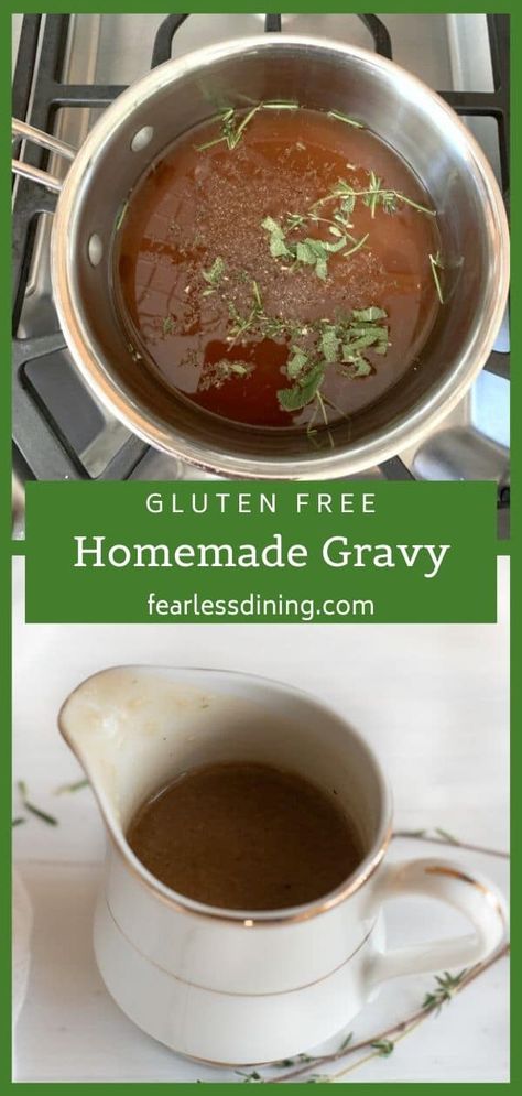 This homemade gravy is an all-purpose easy gravy you can make, even if you don't have pan scrapings. Use any type of broth, lots of fresh herbs and seasonings. Perfect gluten free gravy for mashed potatoes and meats! fearlessdining #glutenfreegravy #homemadegravy Gluten Free Brown Gravy, Brown Gravy From Scratch, Gluten Free Turkey Gravy, Dairy Free Gravy, Gluten Free Gravy Recipe, Easy Homemade Gravy, Herb Chicken Recipes, Brown Gravy Recipe, Homemade Gravy Recipe