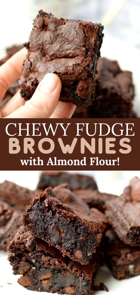 a stack of fudge brownies Easy Almond Flour Dessert Recipes, Recipes Made With Almond Flour, Almond Flower Brownie, Fudgy Almond Flour Brownies, Almond Flour Brownies Recipes, Easy Gluten Free Desserts Almond Flour, Almond Pulp Brownies, Almond Flour Fall Desserts, Almond Flour Zucchini Brownies