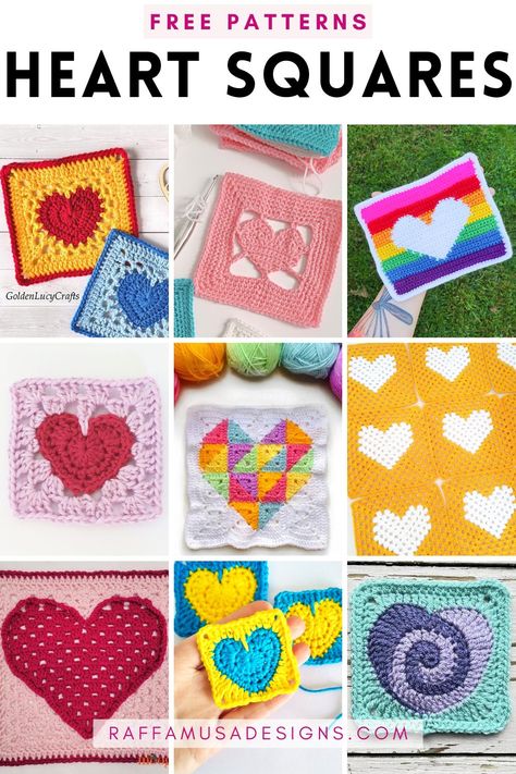 a collage of pictures showing different crocheted granny squares featuring a heart. Love Heart Granny Square, Crochet Heart Square Pattern Free, Heart Granny Square Pattern Free, Heart Granny Square, Granny Square Pattern Free, Crochet Valentine Patterns, Granny Square Projects, Granny Style, Heart Square