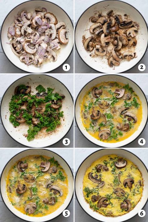 Mushroom Frittata With Kale - FeelGoodFoodie Eggs Mushrooms Breakfast, Kale And Mushroom Recipes, Mushroom Omelette Recipe, Mushroom Eggs, Eggs Mushrooms, Healthy Omelette, Bacon Kale, Mushroom Frittata, Mushroom Breakfast