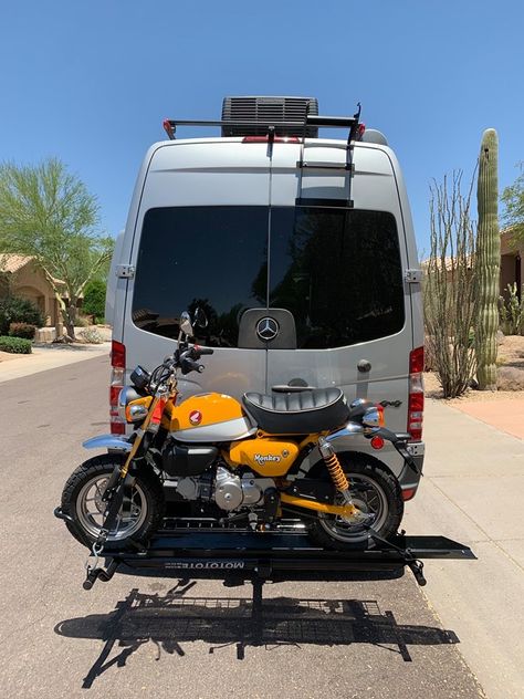 Monkey Bike on back of Sprinter Van Life Motorcycle, Ford Transit Custom Camper, Monkey Bike, Mini Motorcycle, Mercedes Sprinter Camper, Dirt Motorcycle, Honda 125, Motorcycle Carrier, Honda Monkey