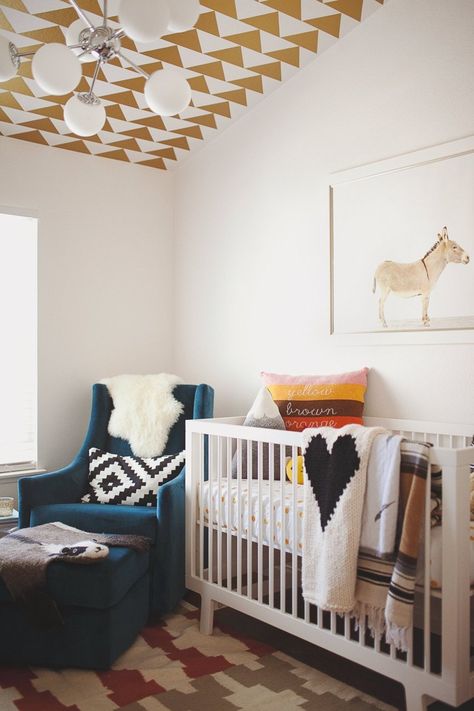 Wall paper on theceiling  Cruz's Modern Geometric Masterpiece Nursery Tour California Room, Fun Nursery, Glider And Ottoman, Baby's Room, Modern Nursery, Nursery Inspiration, Nursery Design, Baby Room Decor, Kid Spaces