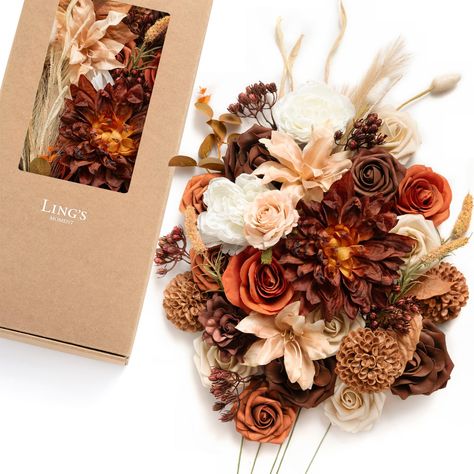 PRICES MAY VARY. 【Rust & Sepia】Create a warm and rustic romance with Ling’s rust & sepia wedding color collection. 【Material & Package】Including 28 pcs artificial flowers+ 8 pcs greenery. Silk Flowers: White Peony x2, Coffee Lily x2, Champagne Rose x1, Orange Rose x2, Red Dahlia x1 Foam Flowers: Walnut Brown Rose x1, 3" Burnt Orange Rose x4, 3" Tawny Beige Rose x5, Walnut Brown Avalanche Rose x3, Golden Glove Dahlia x3, Hazelnut Gardenia x1 Greenery & Accessories: Berry x1, Coffee Woad Leaf x1, Terracotta Wedding Bridesmaid Bouquet, Boho Fall Centerpieces For Table, Flower Arrangements In Pumpkins, Unique Bridesmaid Bouquet Ideas, Earth Tone Flower Arrangements, Coffee Wedding Theme, Burnt Orange Christmas, Fall Centerpieces Wedding, Boho Floral Arrangements