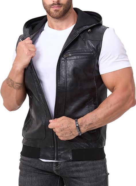 PRICES MAY VARY. 【Material】: High quality faux leather, durable and flexible; Lining: 100% polyester, lightweight and comfortable. 【Design】:Solid Color/Drawstring Hood/can be matched with different bottoms, is the closet indispensable fashion collocation. 【Details】:Leather motor biker vest with Adjustable Zipper Detailing,Rib Knit Cuffs And Hem For Comfort/Two chest zipper pockets and two side pockets practical and exquisite.It's convenient for your phone and card. 【Occasions】: Faux Leather moto Leather Biker Vest Outfit, Leather Vest Jacket, Faux Leather Vest, Motorcycle Vest, Biker Vest, Comfortable Design, Jason Momoa, Sleeveless Jacket, Leather Moto