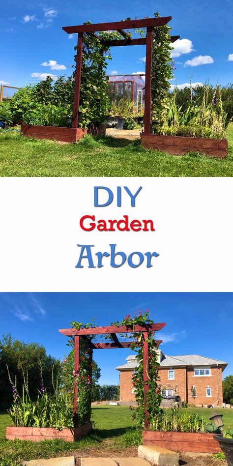 Metal Bed Frame Garden Trellis, Diy Arbor With Planters, Wooden Archway Garden, Vine Archway Diy, How To Make An Arbor, Diy Wood Arbor, Diy Arbor Trellis, Garden Arbor Diy, Diy Garden Arbor