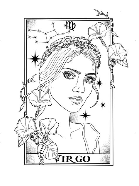 Virgo Drawing Zodiac, Virgo Drawing Sketch, Virgo Symbol Art, Virgo Coloring Pages, Virgo Tattoo Goddesses, Starcodes Astro Oracle, Zodiac Art Drawing, Virgo Drawing, Virgo Tarot Card