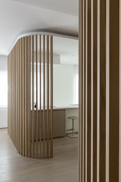 Gallery of Casa Dritta-curva - Rome / Italy / 2021 | Picture 3 | Interior Construction, Oak Bedroom, Design Boards, Shower Cabin, Curved Walls, Wall Mounted Cabinet, Slat Wall, Office Interior Design, Home Office Design