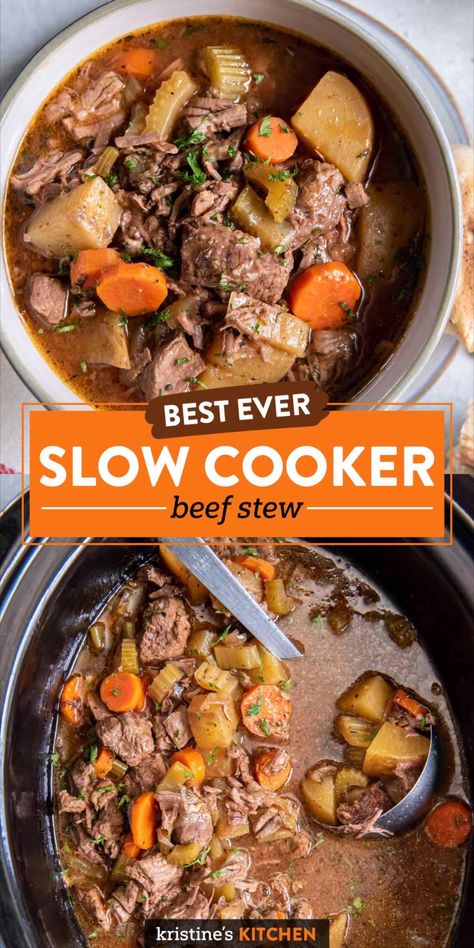 The best slow cooker beef stew, with fall-apart tender beef and vegetables in a rich broth. This easy, healthy crock pot recipe is loaded with flavor and perfect for a family dinner any night of the week! Check out our flavorful slow cooker beef dish. It's sure to impress all. Crock Pot Recipes Beef Stew, Make Ahead Beef Stew, Crockpot Healthy Fall Recipes, Beef Soup Bone Recipes Crock Pots, Vegetable Beef Stew Crockpot, Best Slow Cooker Soups, Healthy Crock Pot Beef Stew, Healthy Beef Stew Crock Pot Recipes, Stewing Beef Recipes Slow Cooker