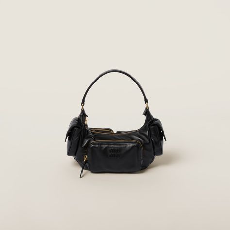 Black Nappa leather Pocket bag | MIU MIU Crochet Hobo Bag, Miu Miu Handbags, Miu Miu Bag, Leather Pocket, Donatella Versace, Lettering Logo, Leather Hobo Bag, Pocket Bag, Leather Hobo