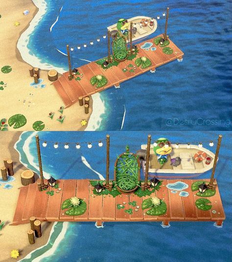 Dock Acnh, Animal Crossing Dock Ideas, Acnh Dock Ideas, Acnh Festival, Acnh Island Ideas, Animal Crossing Inspo, Acnh Beach, Cottagecore Animal Crossing, Ac Ideas