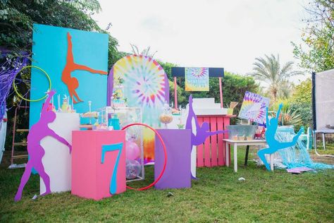 Laras birthday party | CatchMyParty.com Gymnastics Bday Party Ideas, Rainbow Gymnastics Party, Gymnastics Party Theme, Gymnastic Party Ideas, Gymnastic Themed Birthday Party, Gymnastic Birthday Party Ideas, Gymnastics Party Ideas, Gymnastics Birthday Party Ideas, Gymnastics Birthday Party Decorations