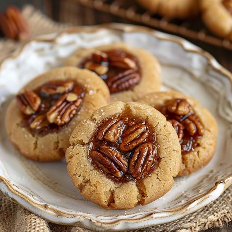 Pecan Pie Thumbprint Cookies - That Oven Feelin Pumpkin Pie Thumbprint Cookies, Holiday Thumbprint Cookies, Thanksgiving Thumbprint Cookies, Pecan Pie Thumbprint Cookies, Pumpkin Thumbprint Cookies, Unique Christmas Cookies Recipes, Pecan Thumbprint Cookies, Thumbprint Cookies With Icing, Best Thumbprint Cookies