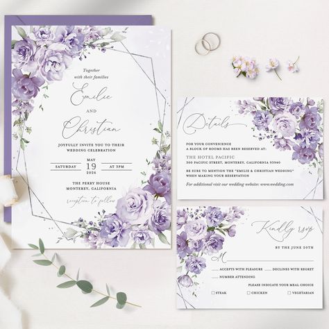 "Lavender Floral Wedding Invitation Set Template, Lilac Gold Invite Suite, Elegant Boho Purple Details Card, Geometric Garden RSVP, Instant Download ------------------------------------------------------------------------ THIS FILE IS AN EDITABLE DIGITAL FILE. (COMPUTER, MOBILE DEVICE) DIGITAL FILES ONLY NO PRINTED MATERIALS ------------------------------------------------------------------------ ★BUY MORE & SAVE MORE★ * You get a 40% discount when you buy 3 or more items. Coupon code \"3BP40\" ------------------------------------------------------------------------ [TRY BEFORE YOU BUY] Demo this item now! Copy and paste the URL below to demo https://www.corjl.com/d/1BIAMH ------------------------------------------------------------------------ [EDIT YOUR ITEMS AT \"Corjl.com\"  RIGHT AFTE Lavender Floral Wedding, Light Purple Wedding, Geometric Garden, Purple And Silver Wedding, Garden Details, Invite Suite, Boho Purple, Purple Wedding Invitations, Purple Details