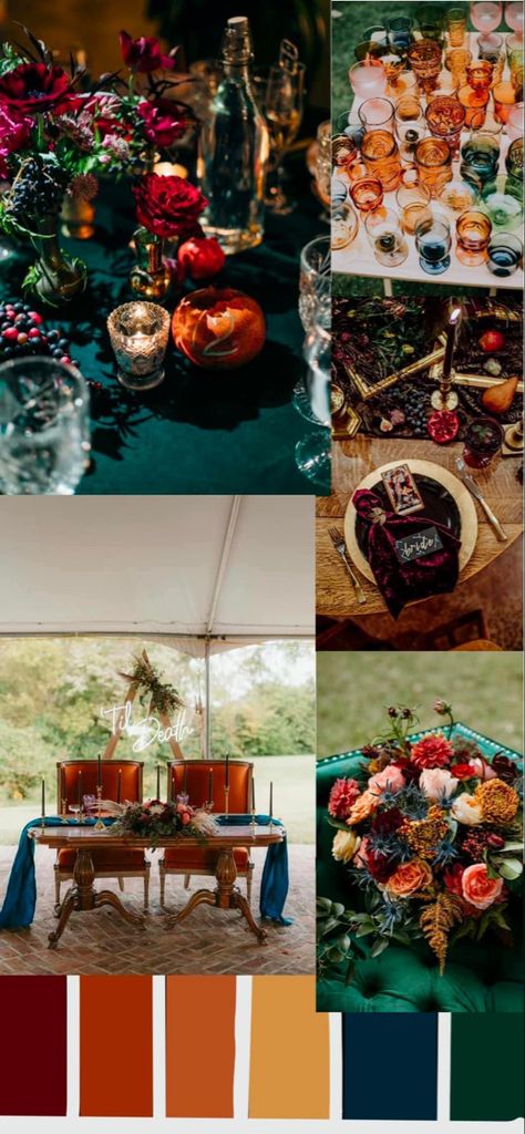 Jewel Tone Wedding Attire, Jewel Tone Green Wedding, Eclectic Fall Wedding Decor, Fall Jewel Tones Wedding, Jewel Tone Mexican Wedding, Navy Copper Olive Wedding, Gem Tone Fall Wedding, Fall Wedding Colors Jewel Tones, Eclectic Party Theme