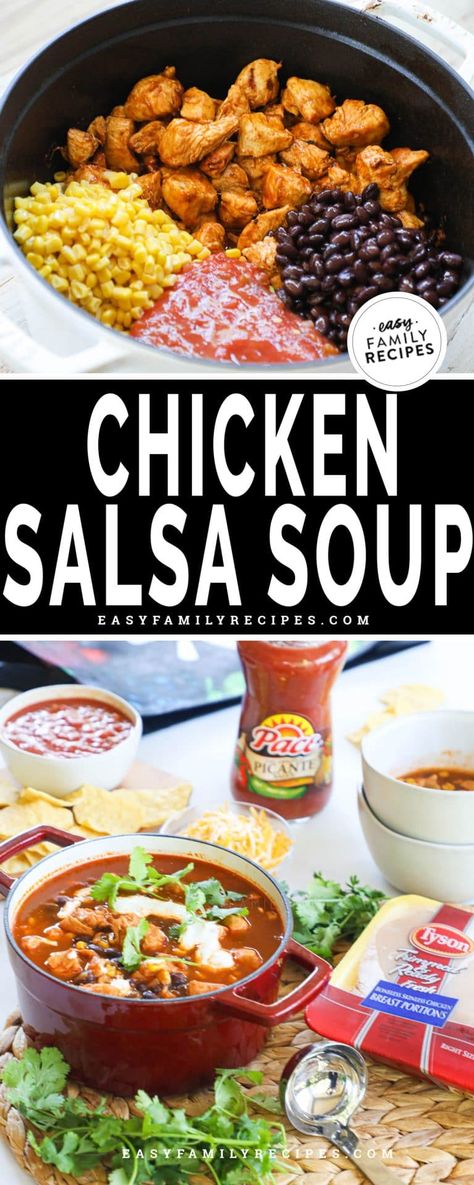 This soup is the ultimate easy and delicious dinner. Just one pot, a few ingredients, and less than 30 minutes, to a hot fresh hearty chicken soup. Made with tender chicken breast, bold flavored salsa, sweet corn, black beans, and chicken broth, this dump and go soup is not only is not only crazy easy, but also exceptionally delicious! Dump And Go Soup, Chicken Salsa Soup, Salsa Soup Recipe, Salsa Soup, Hearty Chicken Soup, Chicken Potato Soup, Chicken Salsa, Best Easy Dinner Recipes, Weekly Recipes