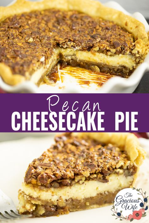 The only thing better than classic pecan pie is Pecan Cheesecake Pie. Combine the best of both worlds with the decadent gooey caramel flavor of pecan pie filling and crunchy pecans paired with rich, creamy vanilla cheesecake. Slow Cooker Pecan Pie, Pecan Pie Cheesecake Recipe Easy No Bake, Pecan Pie Variations, Pecan Meal Recipes, Angel Pecan Pie, Pecan Pies Recipes, Deep Dish Pecan Pie Recipe, Cream Cheese Pecan Pie, Easy Pecan Pie Cheesecake