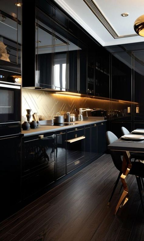 Top 27 Black and Gold Modern Kitchens: Luxurious and Elegant Designs Colorful Kitchen Countertops, Cabinet Color Combinations, Kitchen Countertop Colors, Black And Gold Kitchen, Marble Floor Kitchen, Black Cabinetry, Crane Estate, Color Combinations Home, Gold Faucet