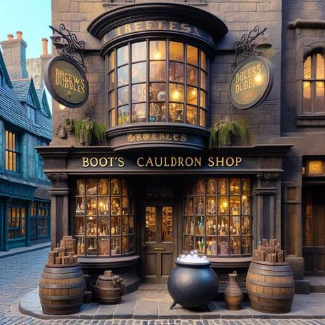 Bookshop Exterior, Hogsmeade Shops, Diagon Alley Aesthetic, Potions Shop, Diagon Alley Shops, Hogwarts University, Harry Potter Store, Harry Potter Castle, Harry Potter Diagon Alley