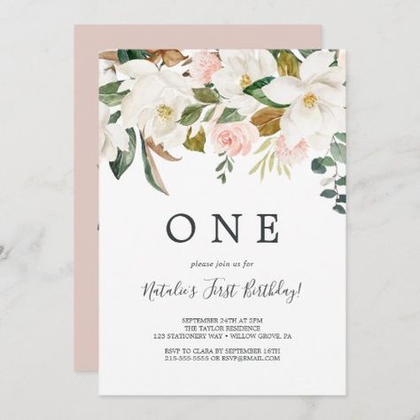 $2.93 | Elegant Magnolia | White and Blush First Birthday - floral first birthday party, modern 1st birthday, watercolor one year old birthday, elegant kids birthday, luxury baby girl birthday, gold copper 1st bday, blush pink white flowers k085, chic beautiful ivory magnolia garden, boho soft romantic spring summer, classy bohemian white cream gold Floral First Birthday Party, Magnolia Garden, Floral First Birthday, Classy Bohemian, Birthday Luxury, Summer Birthday Invitations, Birthday Watercolor, Garden Boho, Magnolia Gardens