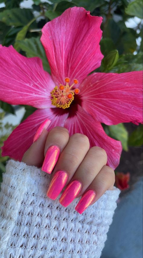 Hot Pink Neon Nails, Hot Pink Unicorn Nails, Hot Pink Glazed Nails, Hot Pink Chrome Nails Square, Nails To Match Hot Pink Dress, Barbie Chrome Nails, Bright Chrome Nails, Neon Pink Chrome Nails, Hot Pink Nails With Chrome