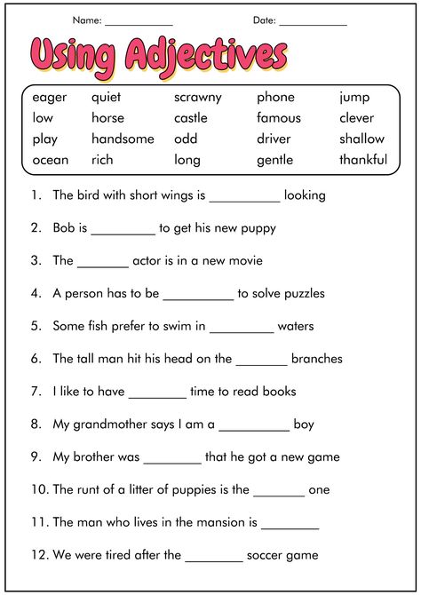 4th Grade Language Arts Worksheets Printable Third Grade English Activities, Fourth Grade Reading Worksheets, 3rd Grade Adjective Worksheet, Year 4 Worksheets Free Printable, Using Adjectives Worksheet, Fourth Grade English Worksheets, 3rd Grade Language Arts Worksheets Free Printable, Grade 3 Language Worksheets, 3rd Grade Reading Worksheets Free Printable