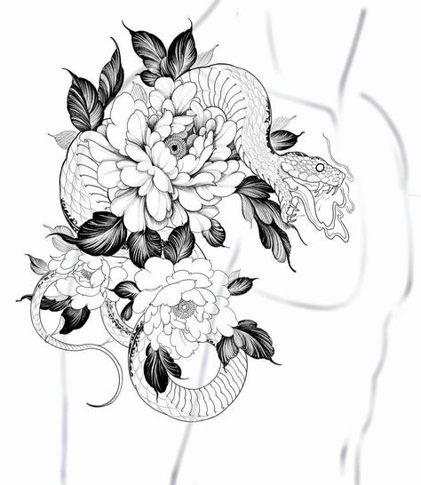 Japanese Snake And Flower Tattoo, Snake And Floral Tattoo, Snake Floral Tattoo, Snake Japanese Tattoo, Blackwork Snake Tattoo, Floral Snake Tattoo Design, Snake And Flower Tattoo, Snake Flower Tattoo, Snake And Flowers Tattoo