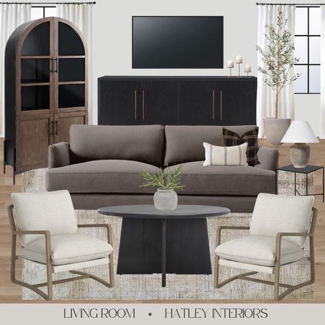 Dark Grey Couch Organic Modern, Dark Grey Couch Basement, Dark Grey Living Room Furniture, Light Grey Sectional Living Room Decor Modern, Apartment Decorating Gray Couch, Grey Couch Mood Board, Light Moody Living Room, Dark Neutrals Living Room, Dark Sectional Living Room