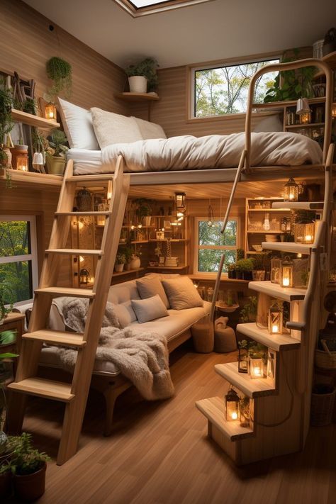 Loft Bed Layout Ideas, Tiny House Two Bedroom, Comfy Bedding, A Loft Bed, Lantern Lighting, Beds Ideas, Tiny Room, Dream Bedroom Inspiration, Loft Ideas