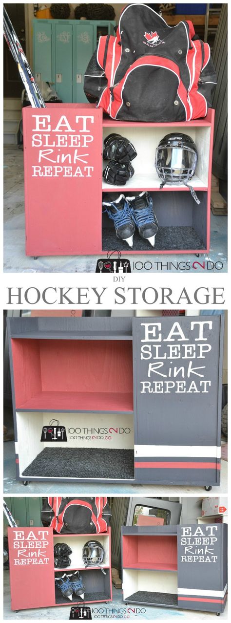 DIY sports storage cart, organizing sporting equipment, hockey storage rack, baseball storage cart, storing sports equipment Hockey Gear Storage, Hockey Storage, Hockey Diy, Hockey Crafts, Stylish Storage Boxes, Hockey Bedroom, Sports Storage, Hockey Room, Hockey Decor