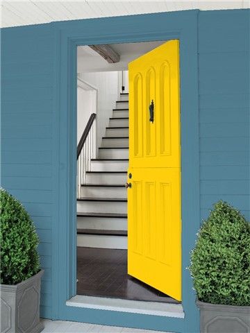 Look at the paint color combination I created with Benjamin Moore. Via @benjamin_moore. Door: Sunshine 2021-30; Exterior Wall & Trim: Azurite CW-670. Color Combinations Paint, Choosing Paint, Cottage Painting, Window Grill, Wall Trim, Paint Colour, Leap Of Faith, Popular Colors, Colour Combination