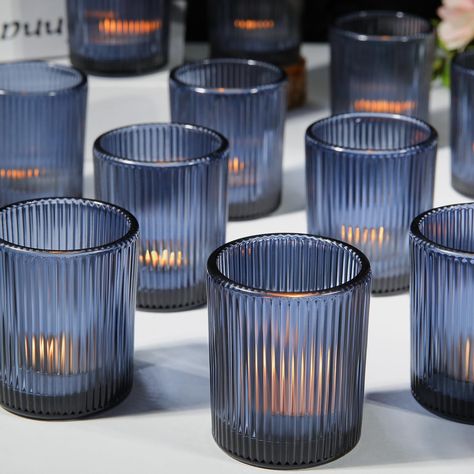 PRICES MAY VARY. 🔥【ELEGANT】These votive candle holders have a stunning dark blue, exuding elegance and delicate.You will get 24pcs candle cups, and you will have enough quantity to create a warm and attractive atmosphere.They are the ideal choice for creating a warm, inviting ambiance that leaves a lasting impression. 🔥【QUALITY】Durability is a priority for us. Our votive candle holders are made from premium-quality glass materials, ensuring that they will last through countless uses. The packa Gold And Blue Wedding Centerpieces, Dusty Blue And Navy Table Setting, 30th Birthday Blue Theme, Midnight Blue Wedding Decor, Sweet 16 Dark Blue Theme, Dark Blue Wedding Decor, Navy Table Decorations, Retirement Table Decorations Ideas, Navy Blue Party Decor