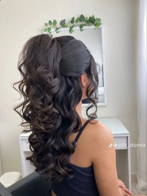 Long Hairstyles Graduation, Hair Styles For A Formal Event, Miss Hairstyles, Hairstyle For Ball Gown, Grad Hair Styles, Hairstyles For Grad, Curled Ponytail Hairstyles Prom, Curls Half Up Half Down, High Pony Wedding