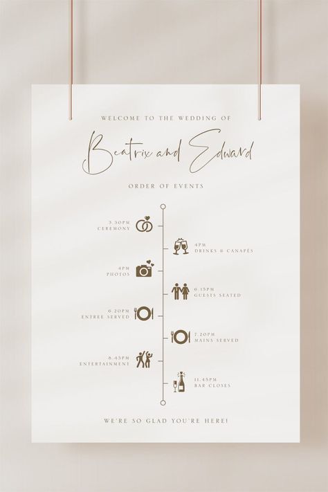 The simple elegance of this wedding day timeline sign from our Beatrix collection offers a clean yet attractive way to communicate the itinerary for the day and keep your guests on schedule.Our editable templates make it quick and easy for brides to acquire wedding stationery that is elegant, refined, and budget-friendly. Purchase, edit, and print within minutes using the Templett app - a user-friendly editing software that opens directly in your web browser. FILES INCLUDE 24" x 36” (609 x 914mm Bridal Beauty Timeline Wedding Prep, Wedding Day Schedule Uk, Evening Wedding Schedule Of Events, Reception Itinerary Timeline Events, Wedding Schedule Timeline, Reception Order Of Events, Wedding Bulletins, Wedding Color Schemes Spring, Wedding Timeline Template