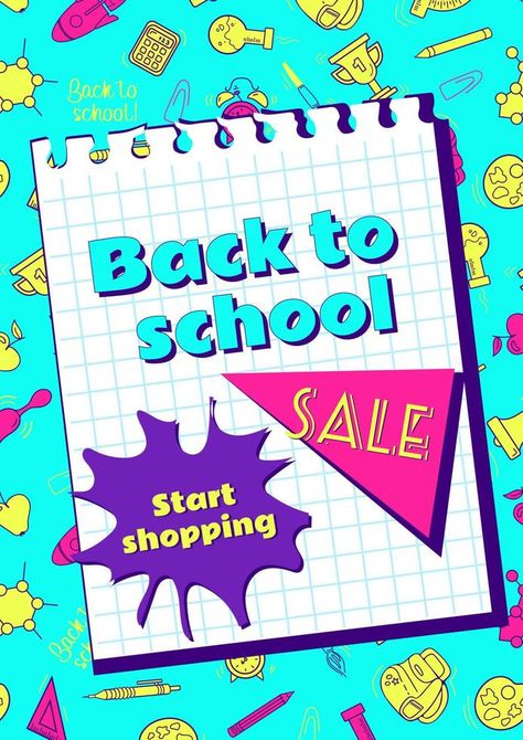 Back to school. Bright vector vintage banner in neon colors of 90s cartoon style. Learning symbols. A sheet from a notebook with a blot. For advertising banner, website, poster, sale flyer. Back To School Sale Poster, Website Poster, Poster Sale, Banner Website, Advertising Banner, Vintage Banner, Back To School Sale, Banner Advertising, 90s Cartoon