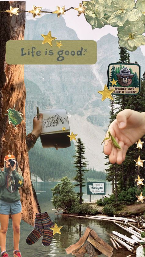 Granola Phone Wallpaper, Granola Aesthetic, Granola Girl Aesthetic, Nature Collage, Camping Inspiration, Girl Background, Adventure Aesthetic, Hiking National Parks, Hippie Life