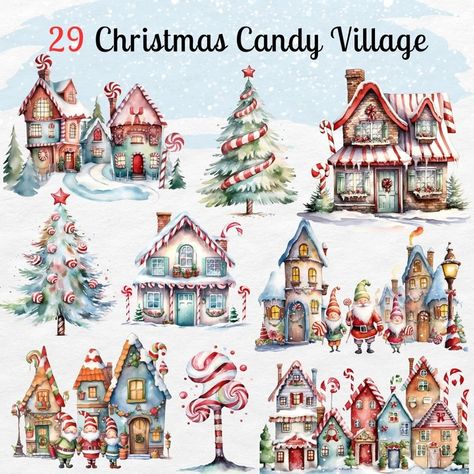 Christmas Village Clipart, Candy Village, Candyland Decor, Etsy Clipart, Candy Clipart, Watercolor Santa, Planet Coaster, Xmas Pictures, Christmas Houses