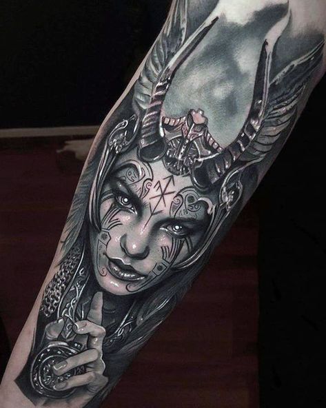 Viking Tattoos For Men, Thor Tattoo, Viking Warrior Tattoos, Female Warrior Tattoo, Norse Mythology Tattoo, Valkyrie Tattoo, Viking Tattoo Sleeve, Catrina Tattoo, Tattoos Sleeve