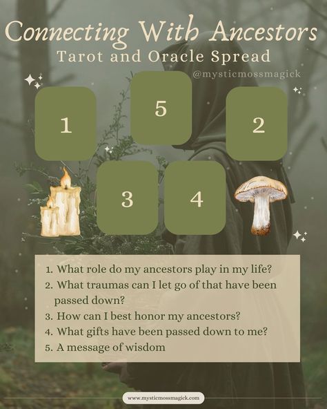 Honoring ancestors is a sacred practice that acknowledges the deep connection between the living and those who have passed on, recognizing their influence, wisdom, and the legacy they have left behind, as well as remembering your roots and your lineage to deeper connect to a specific practice or to assist in your shadow work. This act of remembrance can bring grounding, and healing, as it allows us to address and release generational patterns, traumas, and wounds. This is a spread I created t... Spells To Connect With Ancestors, Working With Ancestors, Ancestor Work Witchcraft, Connect With Ancestors, Honoring Ancestors, Wiccan Tips, Honor Ancestors, Generational Patterns, Witch Stuff