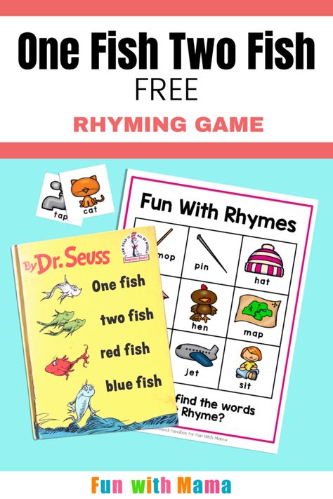 This fun Dr. Seuss rhyming game is great for all ages! Dr Seuss Rhyming Activities Preschool, Dr Seuss Games, Dr Seuss 1 Fish 2 Fish Activities, Dr Seuss Preschool Theme, Rhyming Game Kindergarten, Dr Seuss Family Literacy Night, Rhyming Activities Preschool, One Fish Two Fish Activities Preschool Dr. Seuss, Rhyming Words For Kids