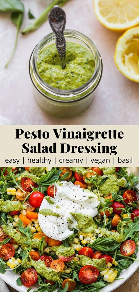 Pinterest graphic for a creamy, healthy, and vegan pesto vinaigrette salad dressing recipe. Pesto Dressing Salad, Pesto Vinaigrette Dressing, Basil Pesto Salad, Salad Dressing Creamy, Pesto Salad Dressing, Creamy Vinaigrette, Creamy Basil Dressing, Walder Wellness, Pesto Vinaigrette