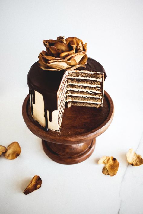 French Opera Cake with six layers of espresso soaked sponge alternating with layers of dark chocolate ganache and coffee french buttercream. French Opera Cake, French Buttercream, Opera Cake, French Baking, French Cake, Dark Chocolate Ganache, British Baking, French Desserts, Fancy Desserts